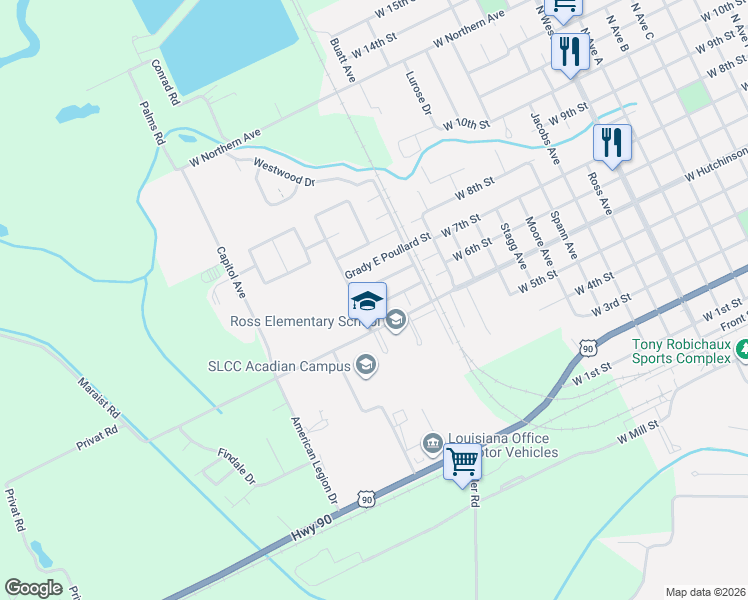 map of restaurants, bars, coffee shops, grocery stores, and more near 1855 Grace Pete Street in Crowley