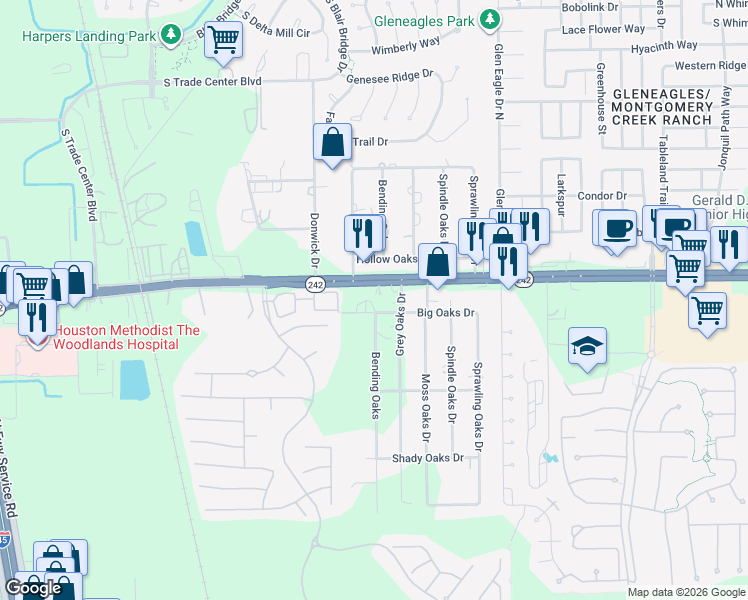 map of restaurants, bars, coffee shops, grocery stores, and more near 6321 Big Oaks Drive in Conroe