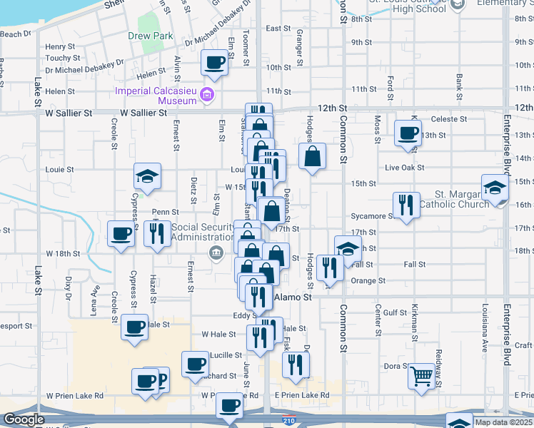 map of restaurants, bars, coffee shops, grocery stores, and more near Ryan Street in Lake Charles