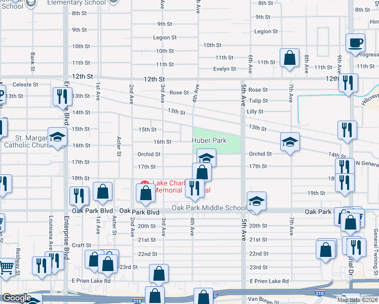 map of restaurants, bars, coffee shops, grocery stores, and more near 2601 4th Avenue in Lake Charles