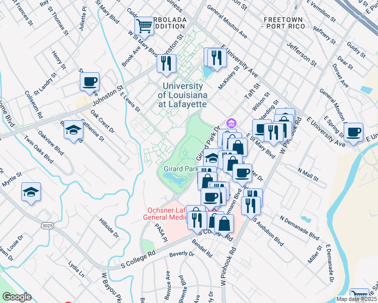 map of restaurants, bars, coffee shops, grocery stores, and more near 498 Girard Park Drive in Lafayette