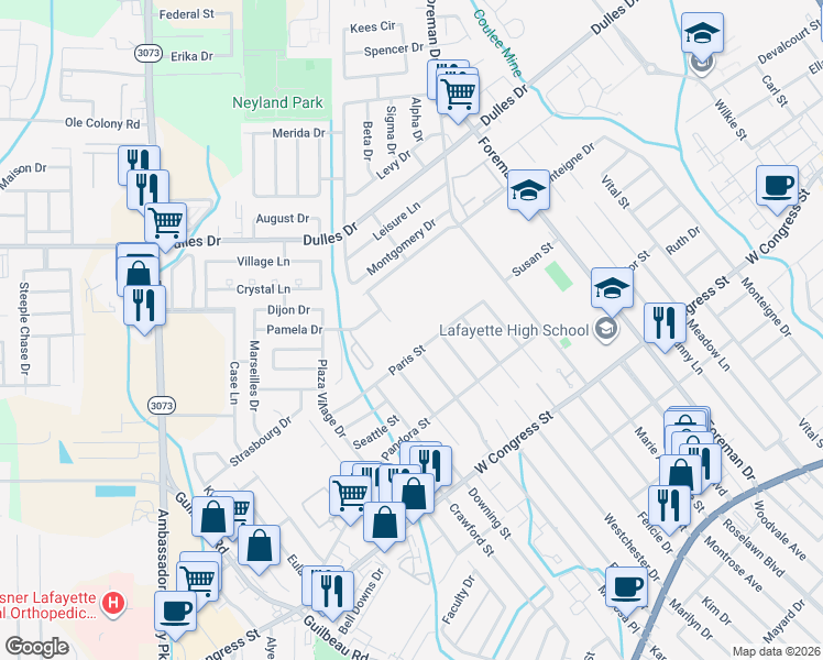 map of restaurants, bars, coffee shops, grocery stores, and more near in Lafayette