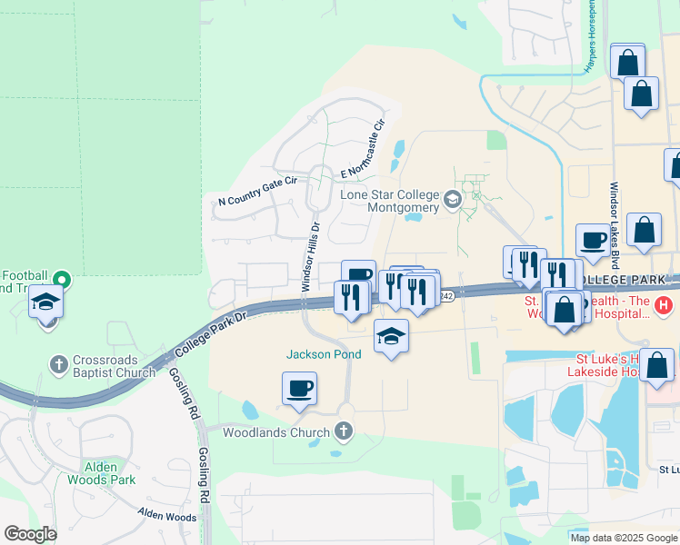 map of restaurants, bars, coffee shops, grocery stores, and more near College Park Drive in Conroe