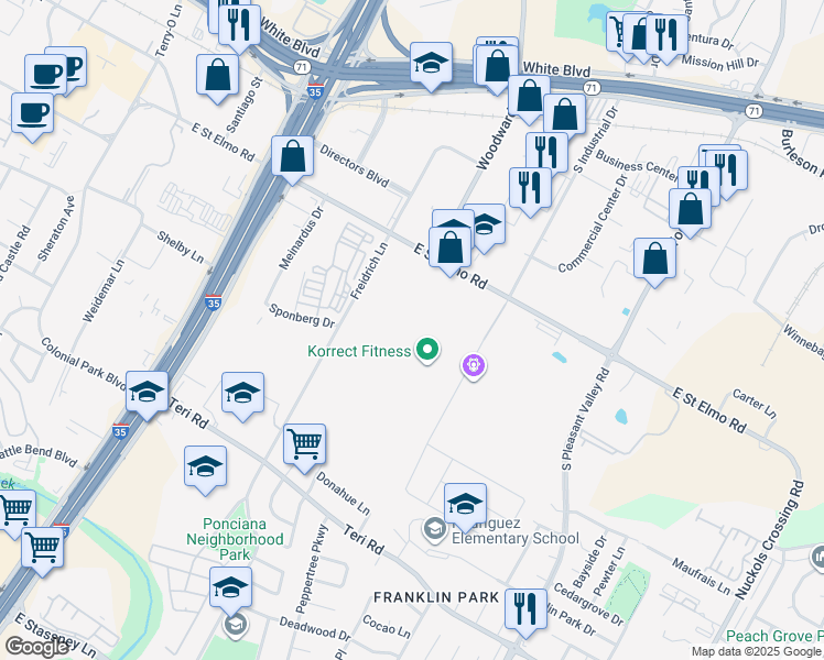 map of restaurants, bars, coffee shops, grocery stores, and more near 4401 Freidrich Lane in Austin