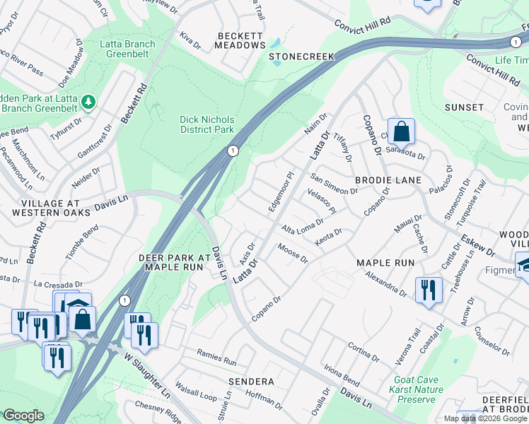 map of restaurants, bars, coffee shops, grocery stores, and more near 8404 Axis Drive in Austin