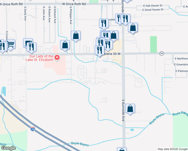 map of restaurants, bars, coffee shops, grocery stores, and more near 3125 South Burnside Avenue in Gonzales