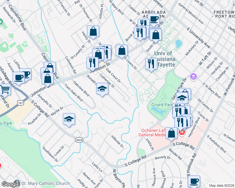 map of restaurants, bars, coffee shops, grocery stores, and more near 165 Ronald Boulevard in Lafayette