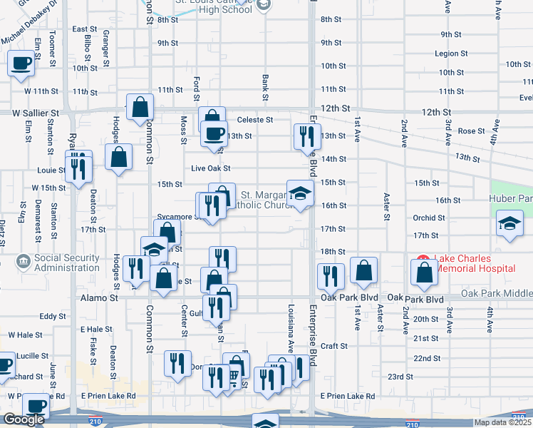 map of restaurants, bars, coffee shops, grocery stores, and more near 1009 17th Street in Lake Charles