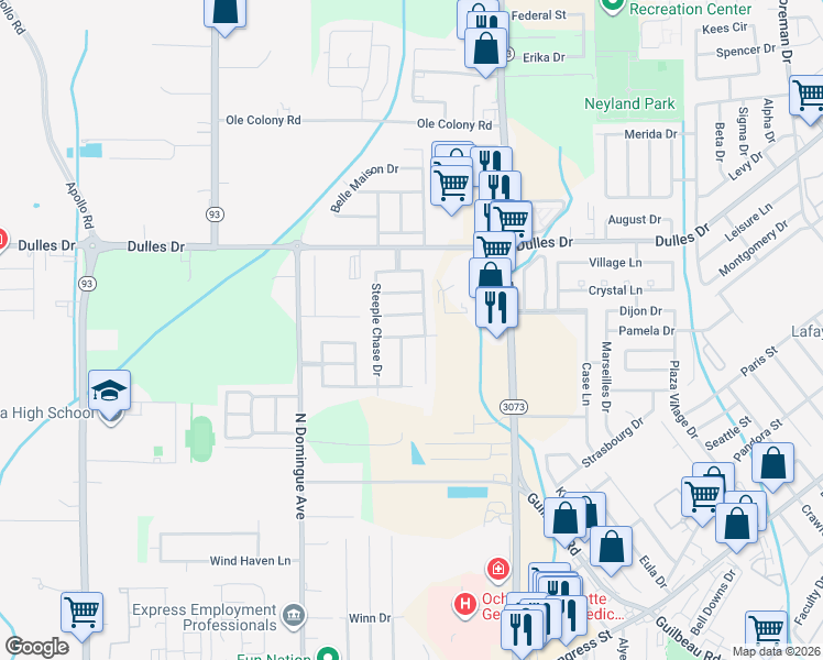 map of restaurants, bars, coffee shops, grocery stores, and more near 202 Turtle Creek Drive in Lafayette