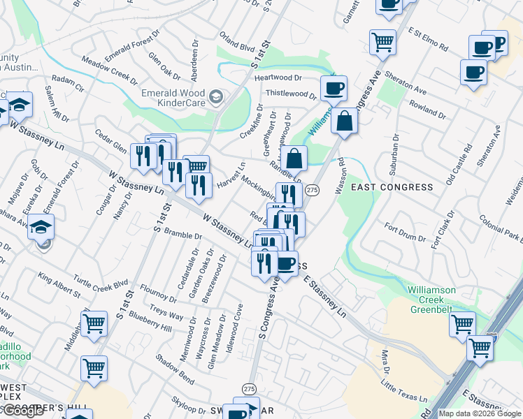 map of restaurants, bars, coffee shops, grocery stores, and more near 205 Red Bird Lane in Austin
