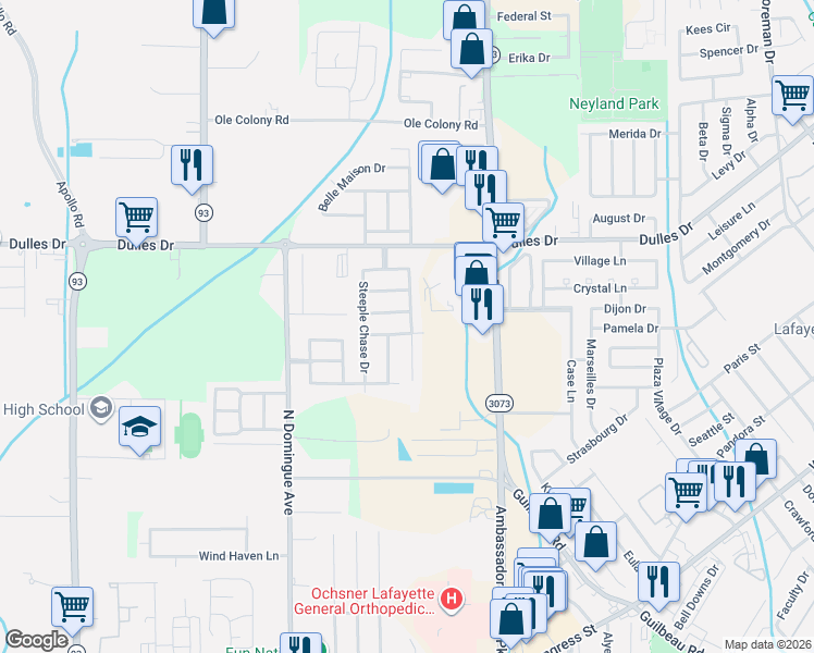 map of restaurants, bars, coffee shops, grocery stores, and more near 417 Ravine Run Drive in Lafayette