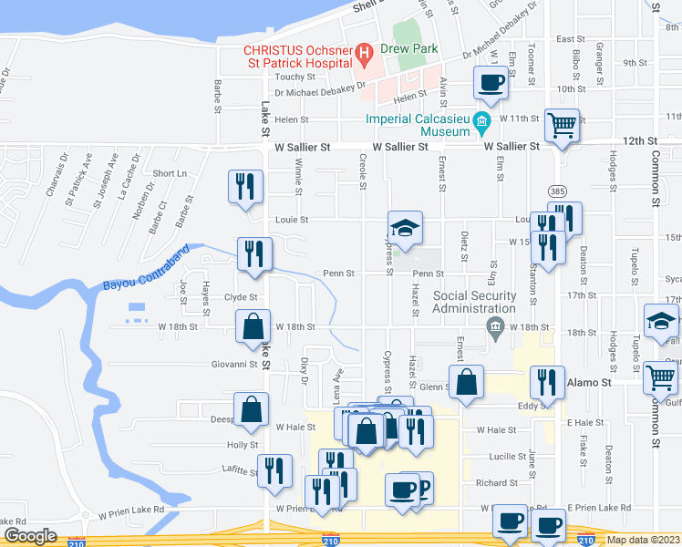 map of restaurants, bars, coffee shops, grocery stores, and more near 617 Penn Street in Lake Charles