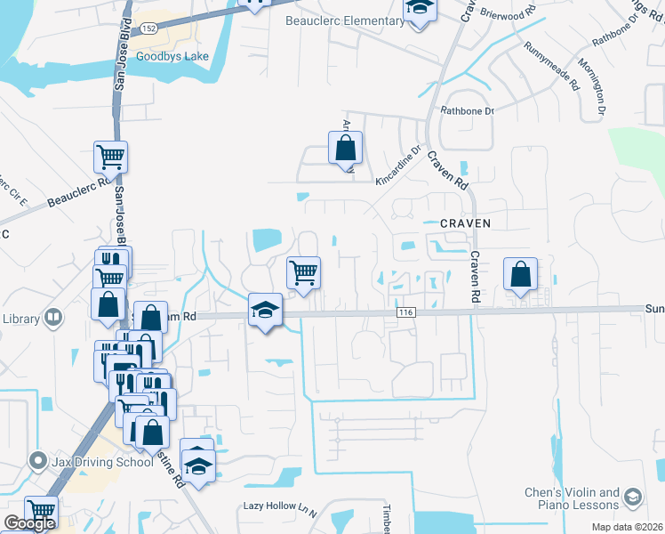 map of restaurants, bars, coffee shops, grocery stores, and more near 9400 Underwing Way in Jacksonville