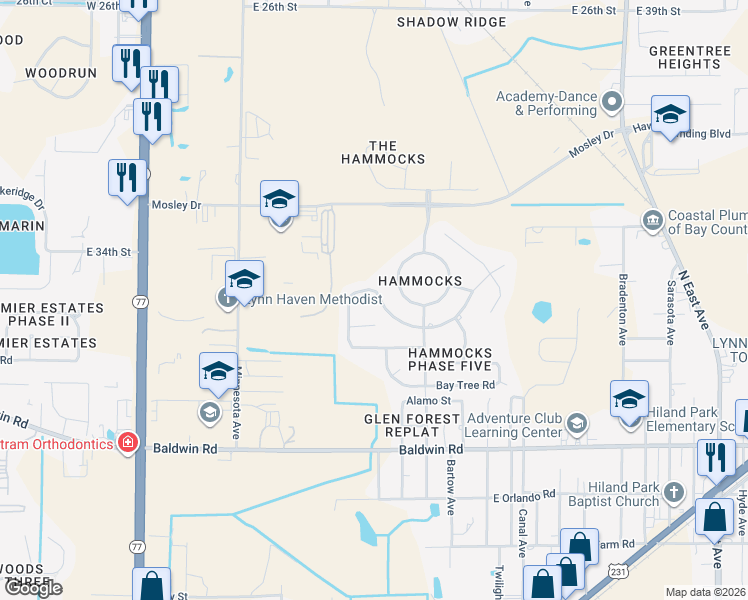 map of restaurants, bars, coffee shops, grocery stores, and more near 3423 Cherry Ridge Road in Lynn Haven
