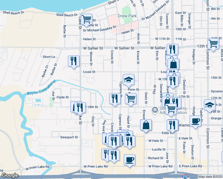 map of restaurants, bars, coffee shops, grocery stores, and more near 2414 Creole Street in Lake Charles