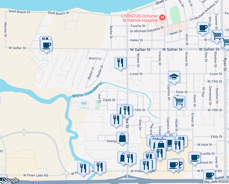 map of restaurants, bars, coffee shops, grocery stores, and more near 2320 Lake Street in Lake Charles