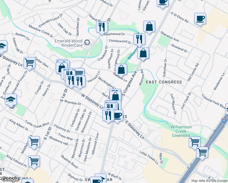 map of restaurants, bars, coffee shops, grocery stores, and more near 128 Mockingbird Lane West in Austin