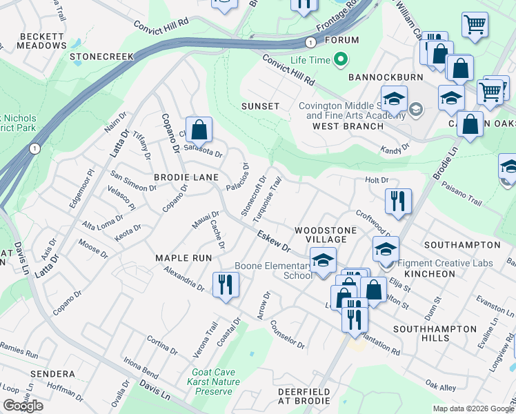 map of restaurants, bars, coffee shops, grocery stores, and more near 7819 Palacios Drive in Austin