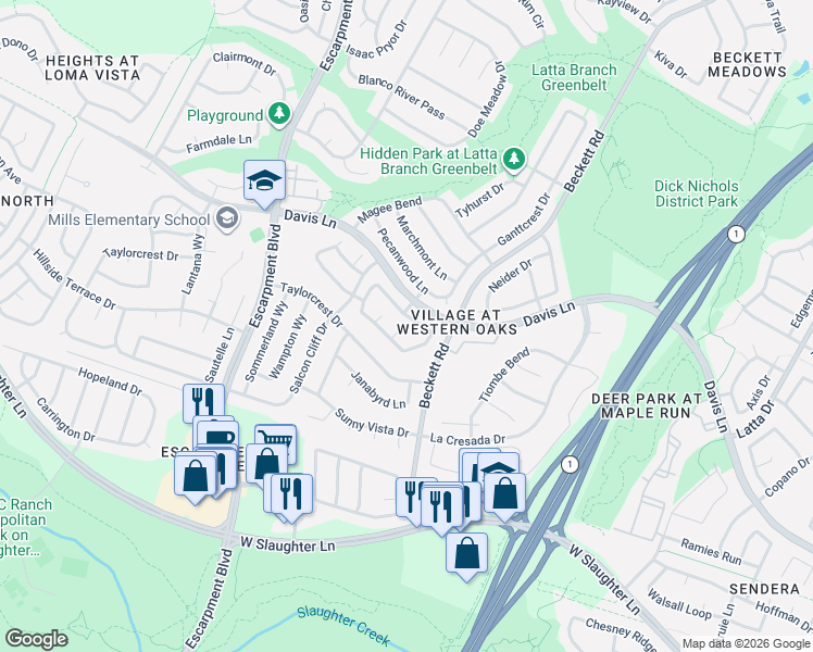 map of restaurants, bars, coffee shops, grocery stores, and more near 5947 Lomita Verde Circle in Austin