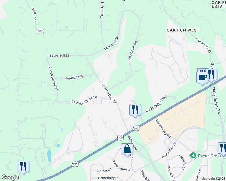 map of restaurants, bars, coffee shops, grocery stores, and more near 36 Long Creek Road in Austin
