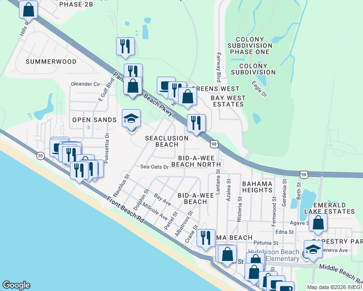 map of restaurants, bars, coffee shops, grocery stores, and more near 112 Argonaut Street in Panama City Beach