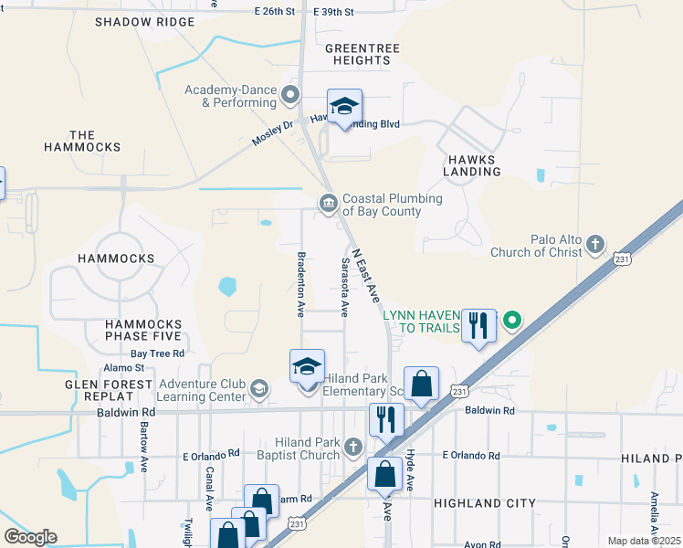 map of restaurants, bars, coffee shops, grocery stores, and more near 3303 Sarasota Avenue in Panama City