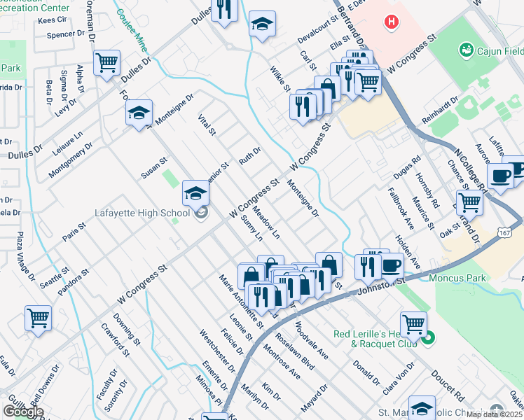 map of restaurants, bars, coffee shops, grocery stores, and more near 214 Meadow Lane in Lafayette