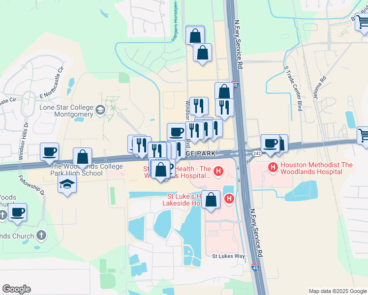 map of restaurants, bars, coffee shops, grocery stores, and more near 3060 College Park Drive in Conroe