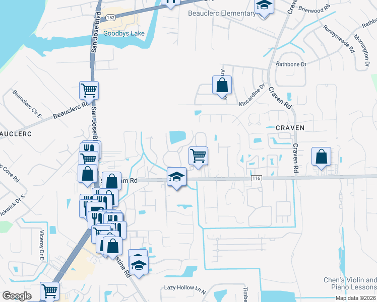 map of restaurants, bars, coffee shops, grocery stores, and more near 4083 Sunbeam Road in Jacksonville