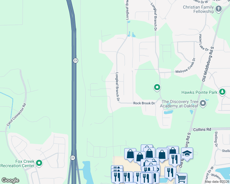 map of restaurants, bars, coffee shops, grocery stores, and more near 6366 Longleaf Branch Drive in Jacksonville