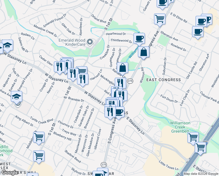 map of restaurants, bars, coffee shops, grocery stores, and more near 301 Mockingbird Lane West in Austin