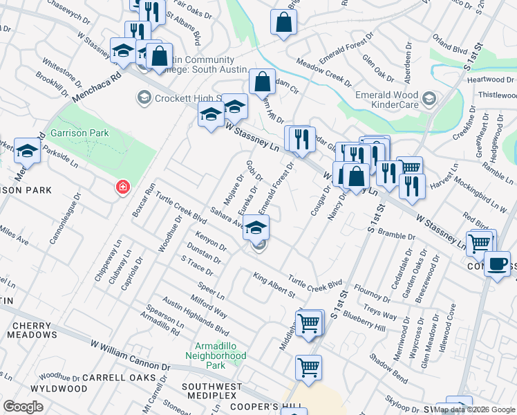 map of restaurants, bars, coffee shops, grocery stores, and more near 5809 Eureka Drive in Austin