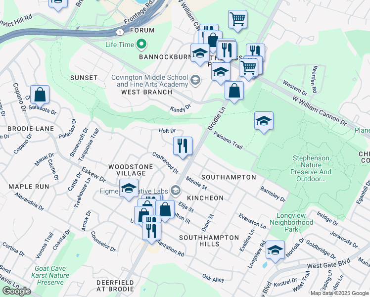 map of restaurants, bars, coffee shops, grocery stores, and more near 7506 Bender Drive in Austin