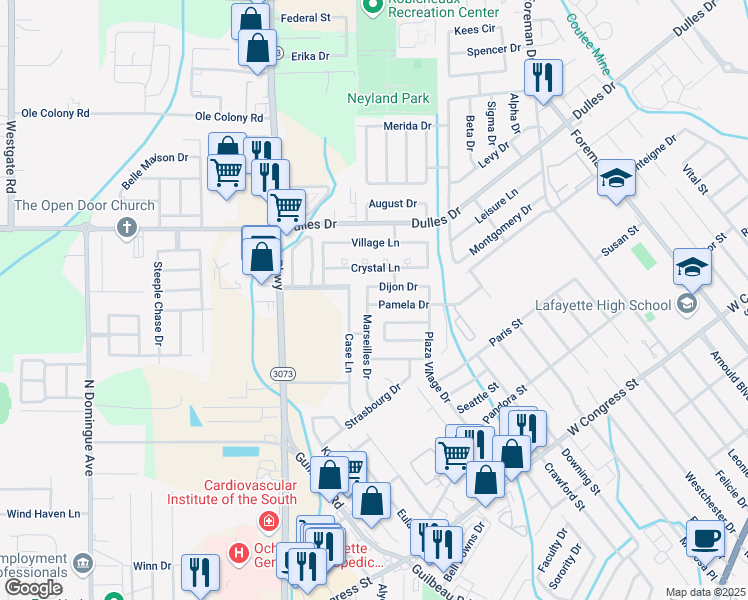 map of restaurants, bars, coffee shops, grocery stores, and more near 132 Pamela Drive in Lafayette