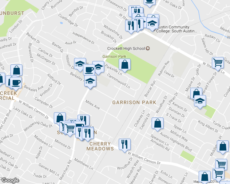 map of restaurants, bars, coffee shops, grocery stores, and more near 6300 Cannonleague Drive in Austin