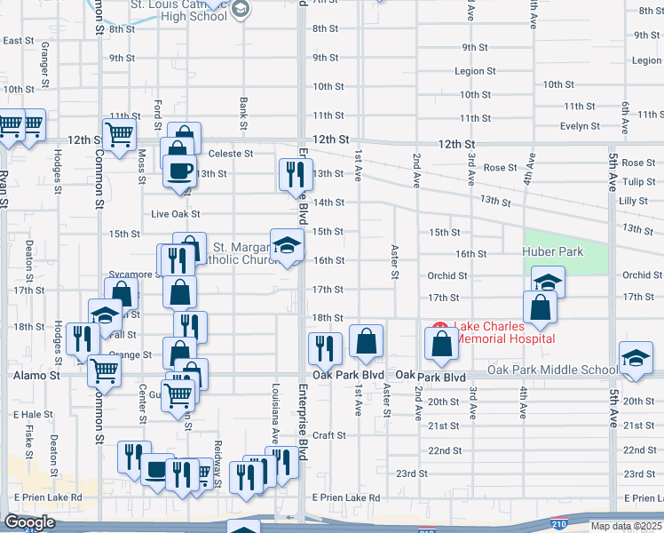 map of restaurants, bars, coffee shops, grocery stores, and more near 1306 15th Street in Lake Charles