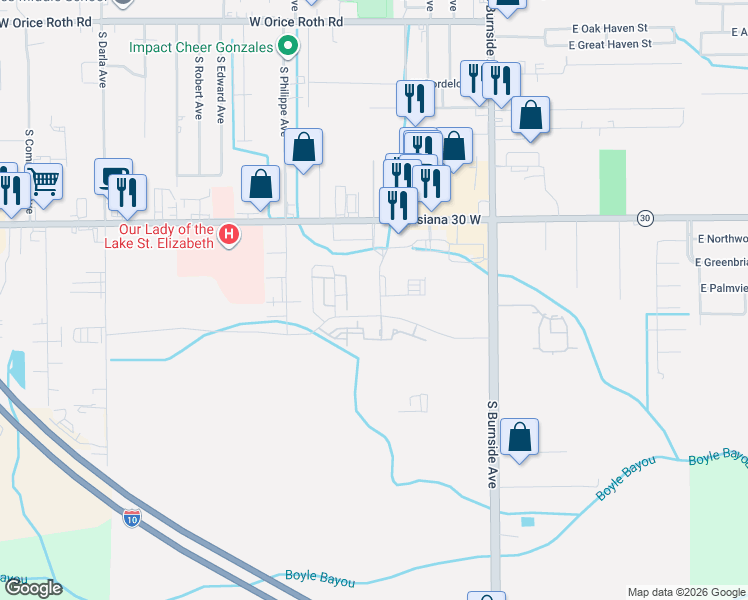 map of restaurants, bars, coffee shops, grocery stores, and more near 101-899 State Highway 30 in Gonzales