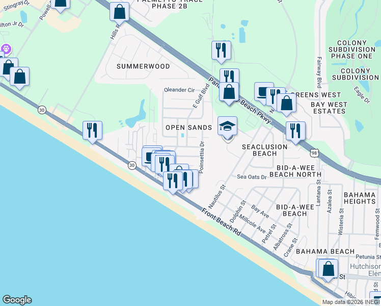 map of restaurants, bars, coffee shops, grocery stores, and more near 403 East Caladium Circle in Panama City Beach