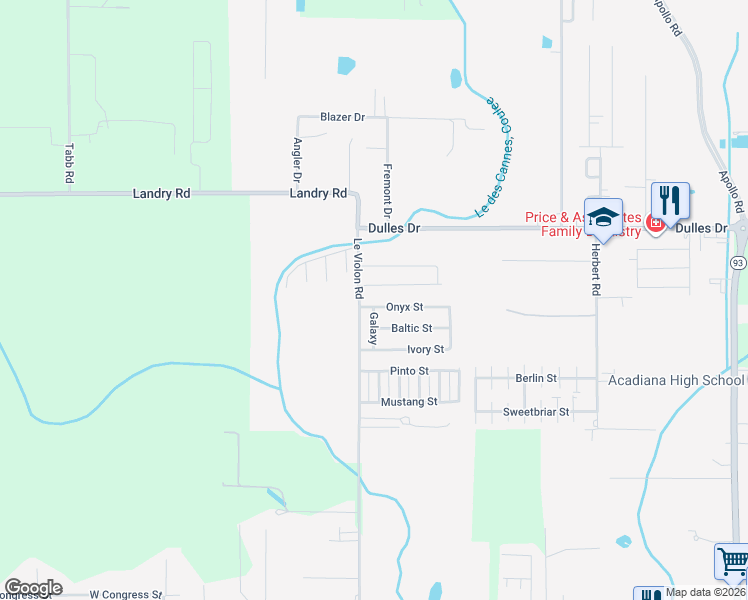 map of restaurants, bars, coffee shops, grocery stores, and more near 105 Onyx Street in Lafayette