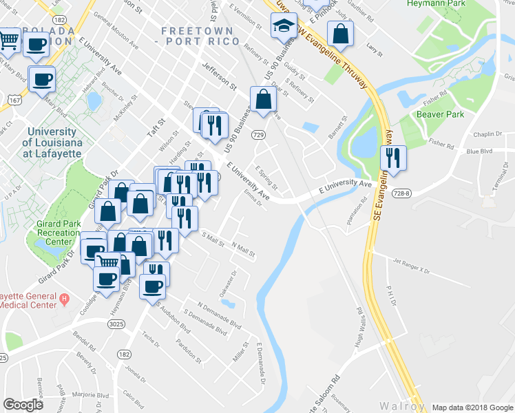 map of restaurants, bars, coffee shops, grocery stores, and more near 110 Emma Drive in Lafayette