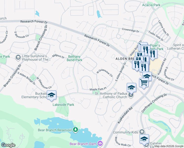 map of restaurants, bars, coffee shops, grocery stores, and more near 49 North Greenvine Circle in Spring