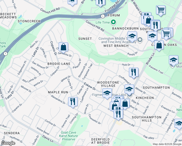 map of restaurants, bars, coffee shops, grocery stores, and more near 4005 Turquoise Cove in Austin