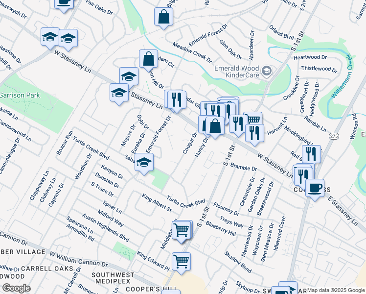 map of restaurants, bars, coffee shops, grocery stores, and more near 908 Cougar Cove in Austin