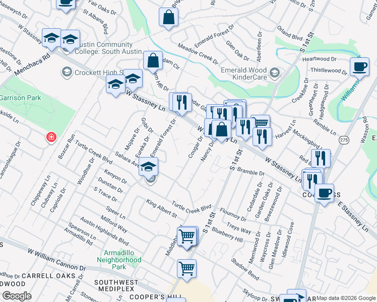 map of restaurants, bars, coffee shops, grocery stores, and more near 908 Cougar Cove in Austin