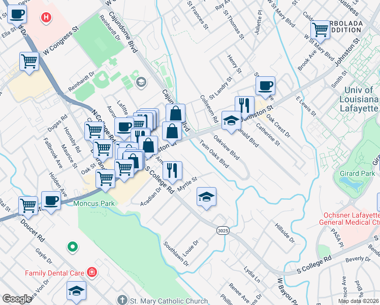 map of restaurants, bars, coffee shops, grocery stores, and more near 2509 Johnston Street in Lafayette