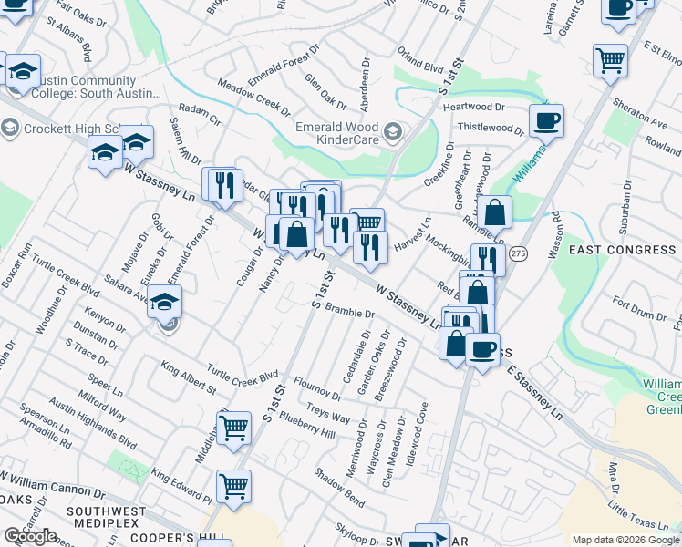 map of restaurants, bars, coffee shops, grocery stores, and more near 645 West Stassney Lane in Austin