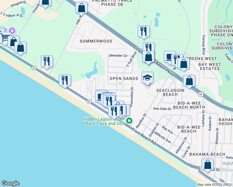 map of restaurants, bars, coffee shops, grocery stores, and more near 503 Palm Avenue in Panama City Beach