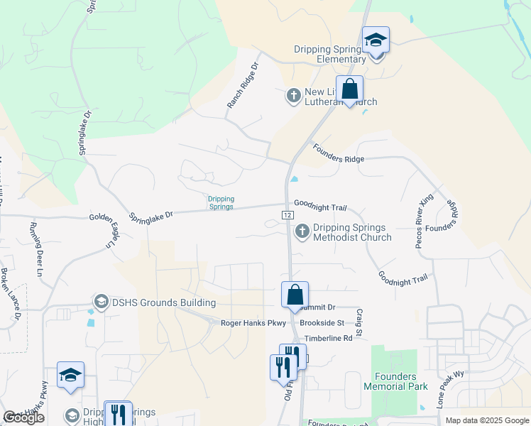 map of restaurants, bars, coffee shops, grocery stores, and more near 201 Springlake Drive in Dripping Springs