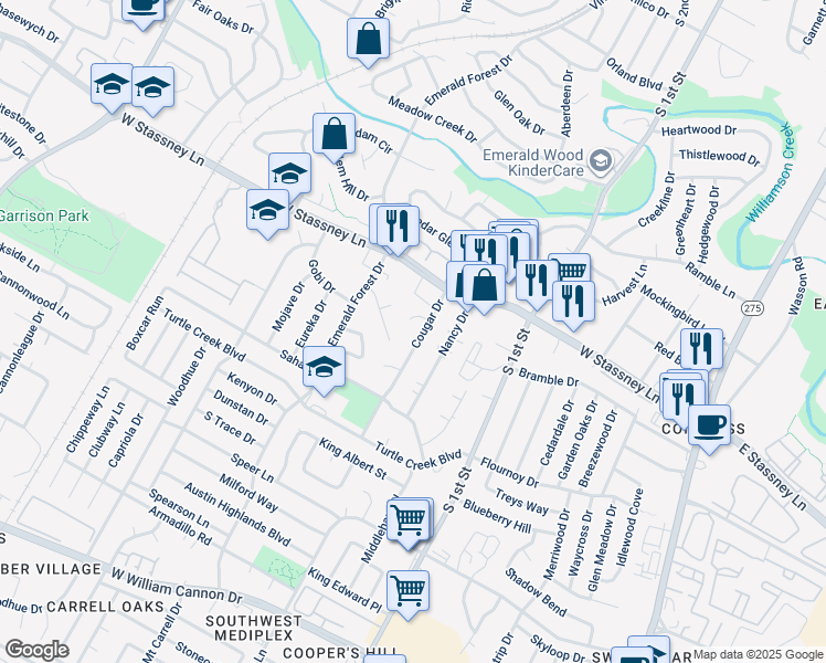 map of restaurants, bars, coffee shops, grocery stores, and more near 908 Cougar Cove in Austin