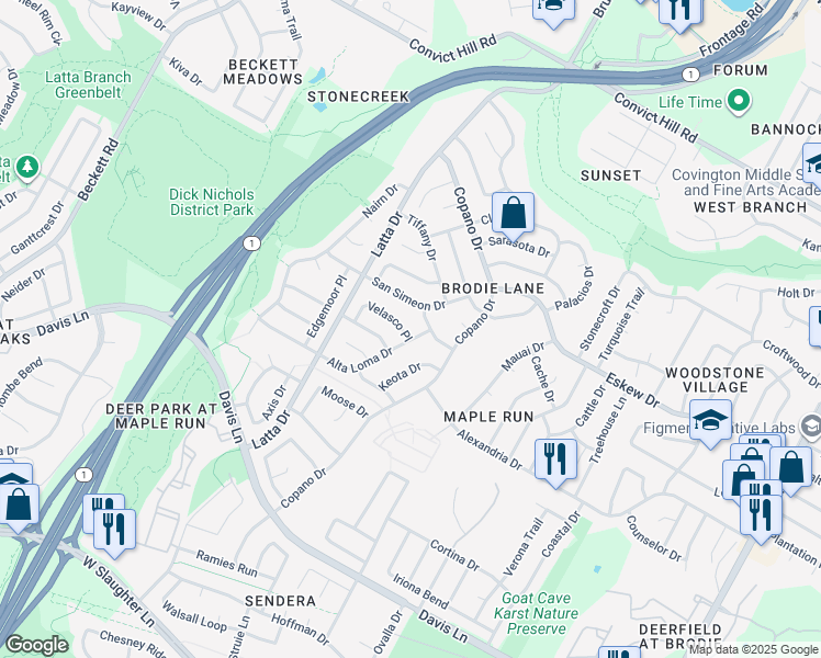 map of restaurants, bars, coffee shops, grocery stores, and more near 4600 Velasco Place in Austin